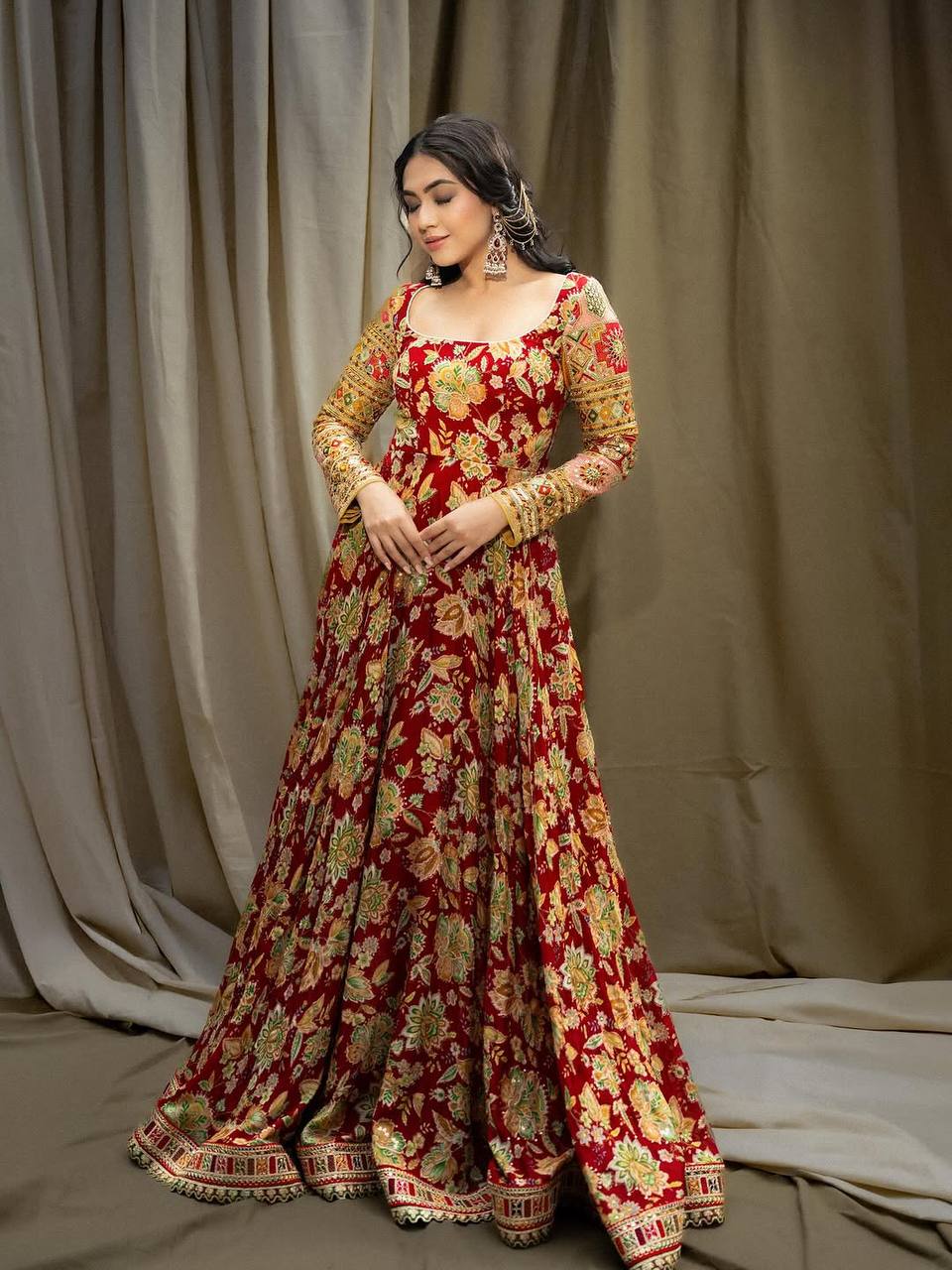 Elegant Chinon Silk Designer Gown with Embroidered Work & Net Dupatta