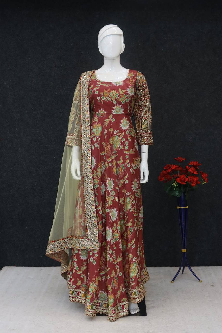 Elegant Chinon Silk Designer Gown with Embroidered Work & Net Dupatta