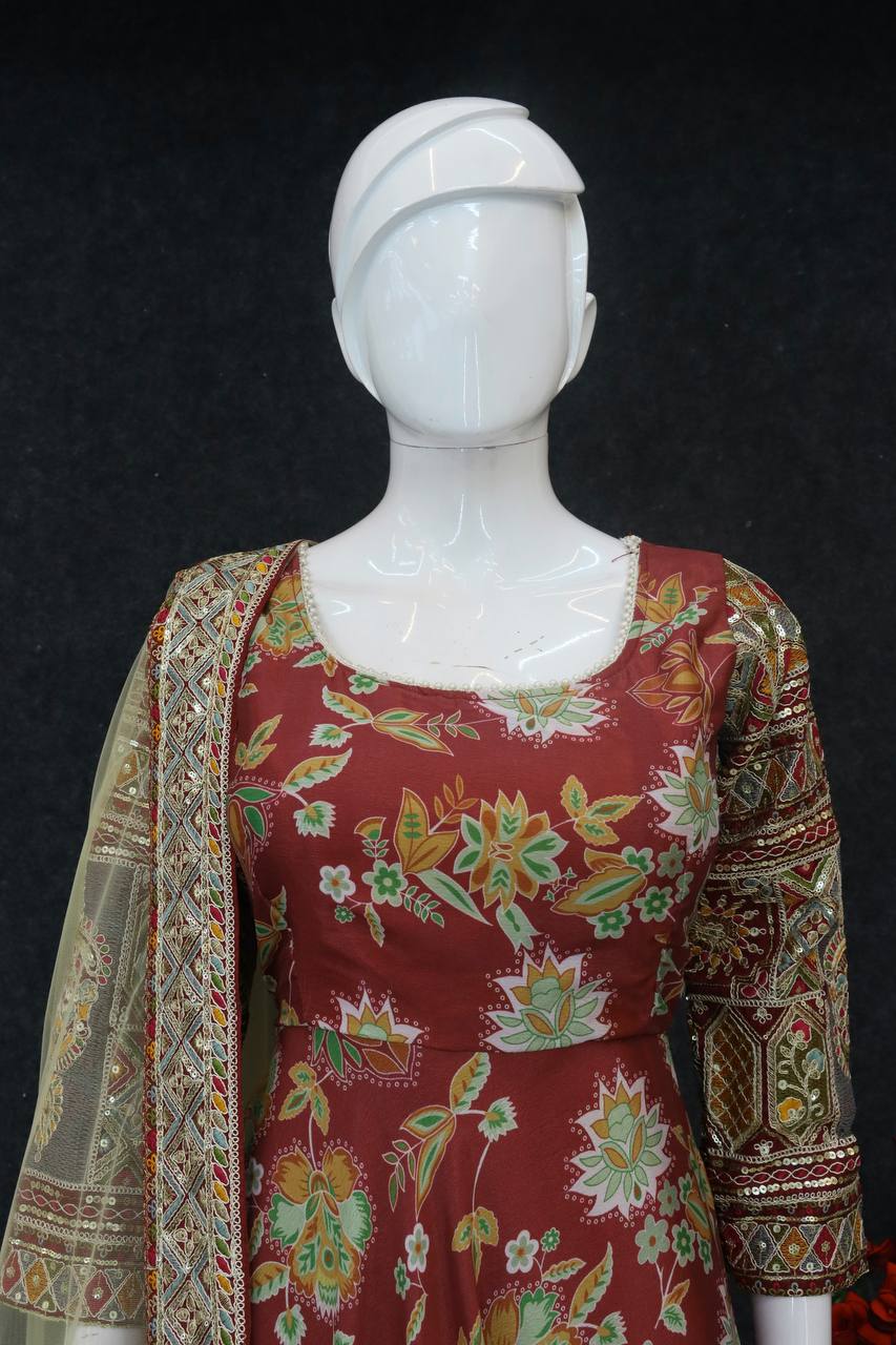 Elegant Chinon Silk Designer Gown with Embroidered Work & Net Dupatta