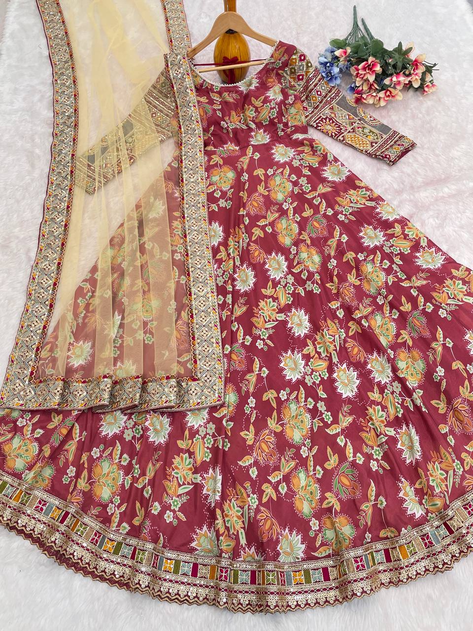 Elegant Chinon Silk Designer Gown with Embroidered Work & Net Dupatta