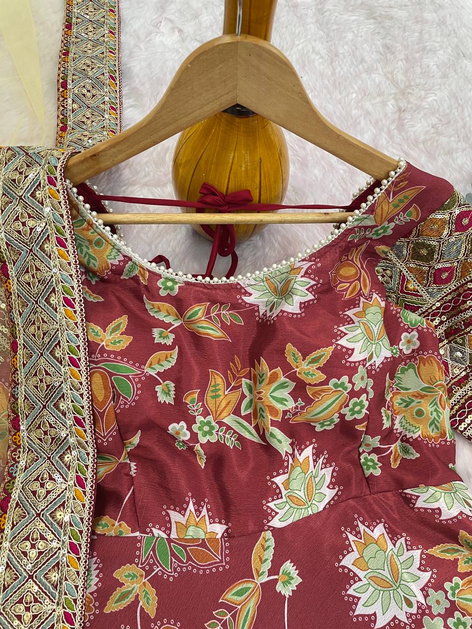 Elegant Chinon Silk Designer Gown with Embroidered Work & Net Dupatta