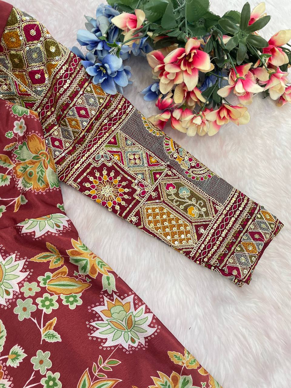 Elegant Chinon Silk Designer Gown with Embroidered Work & Net Dupatta