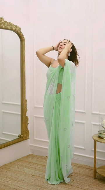 Pista Green Soft Georgette Heart Handwork Saree with Plain Blouse