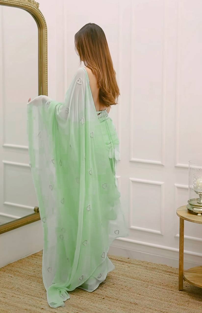Pista Green Soft Georgette Heart Handwork Saree with Plain Blouse