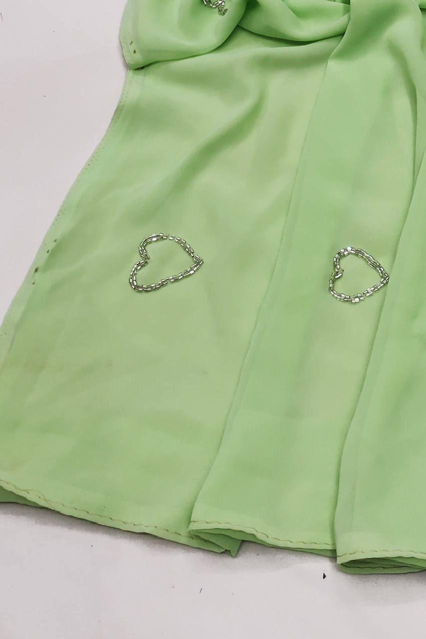 Pista Green Soft Georgette Heart Handwork Saree with Plain Blouse