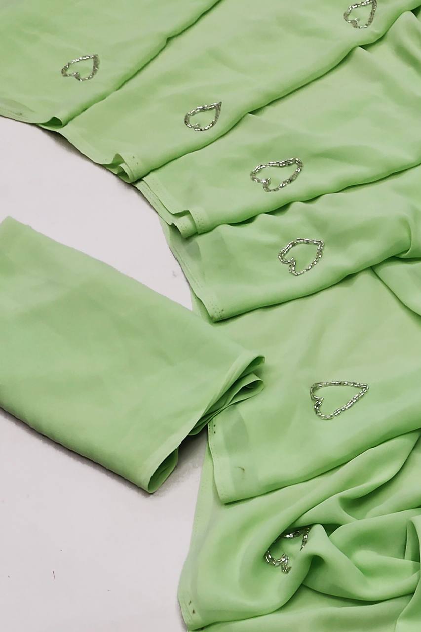 Pista Green Soft Georgette Heart Handwork Saree with Plain Blouse