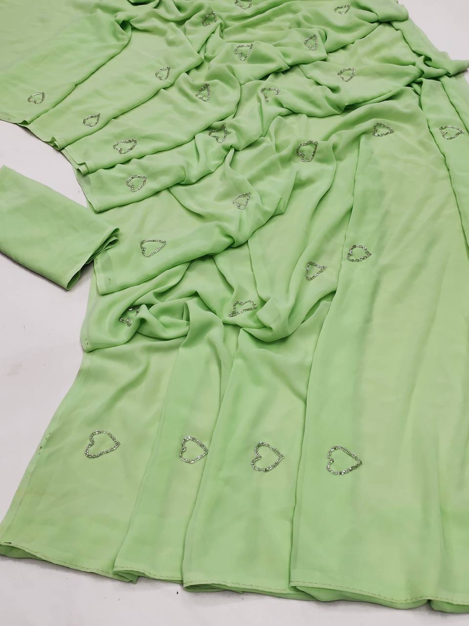 Pista Green Soft Georgette Heart Handwork Saree with Plain Blouse