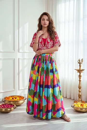 Chinon Silk Embroidered Mirror Work Lehenga Choli | Navratri & Wedding Collection