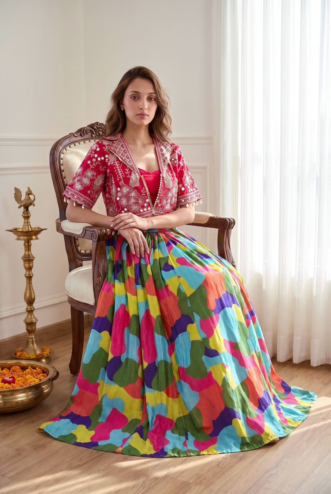 Chinon Silk Embroidered Mirror Work Lehenga Choli | Navratri & Wedding Collection