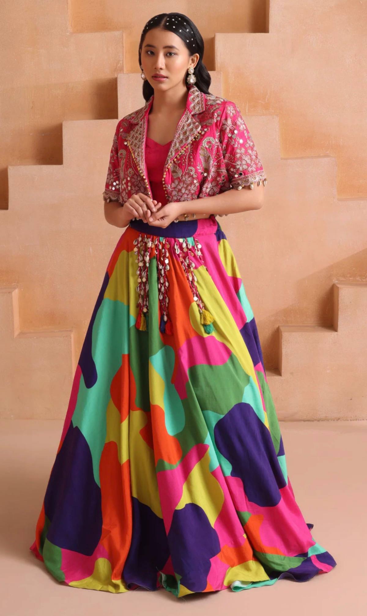 Chinon Silk Embroidered Mirror Work Lehenga Choli | Navratri & Wedding Collection