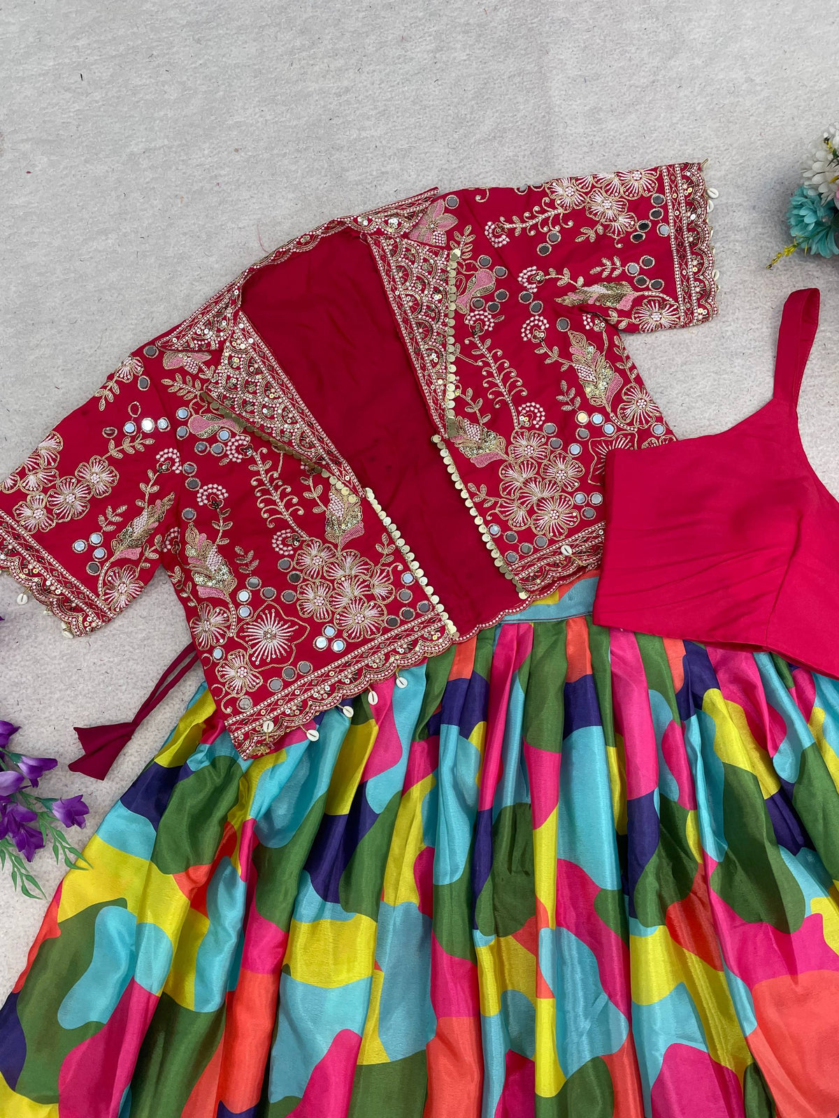 Chinon Silk Embroidered Mirror Work Lehenga Choli | Navratri & Wedding Collection