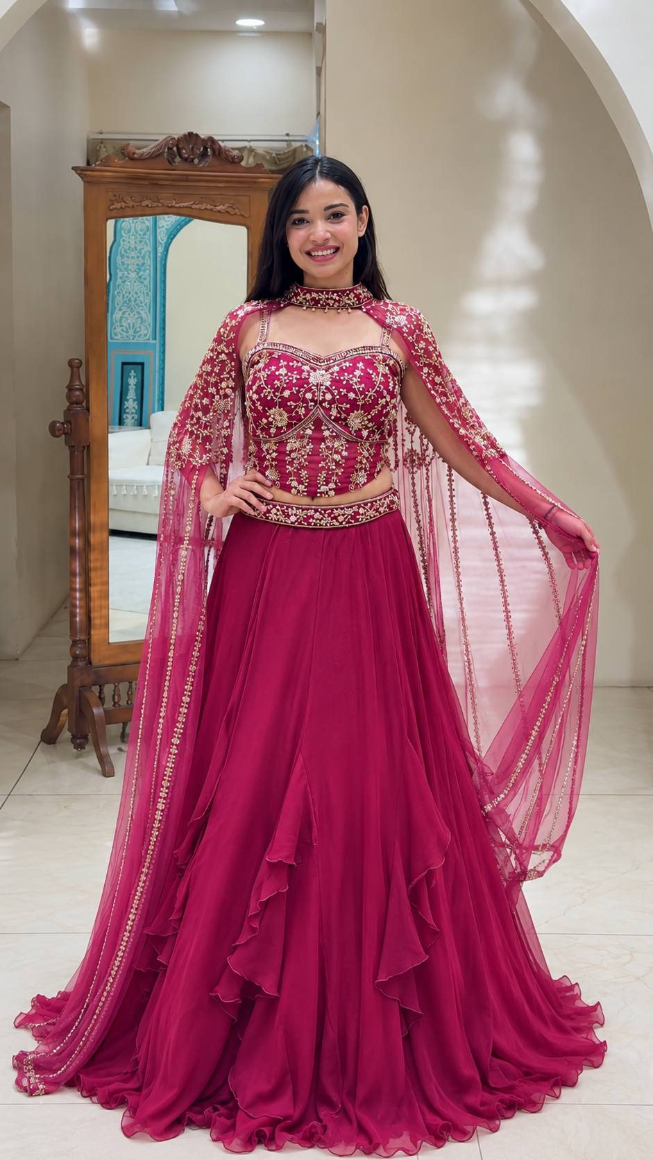 Gajri Colour Designer Crepe Silk Embroidered Sequin Lehenga Choli Set