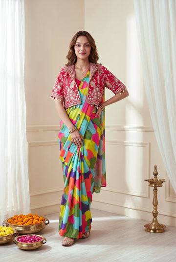 Premium Ready-to-Wear Chinon Silk Digital Print Saree with Embroidered Mirror Work Jacket