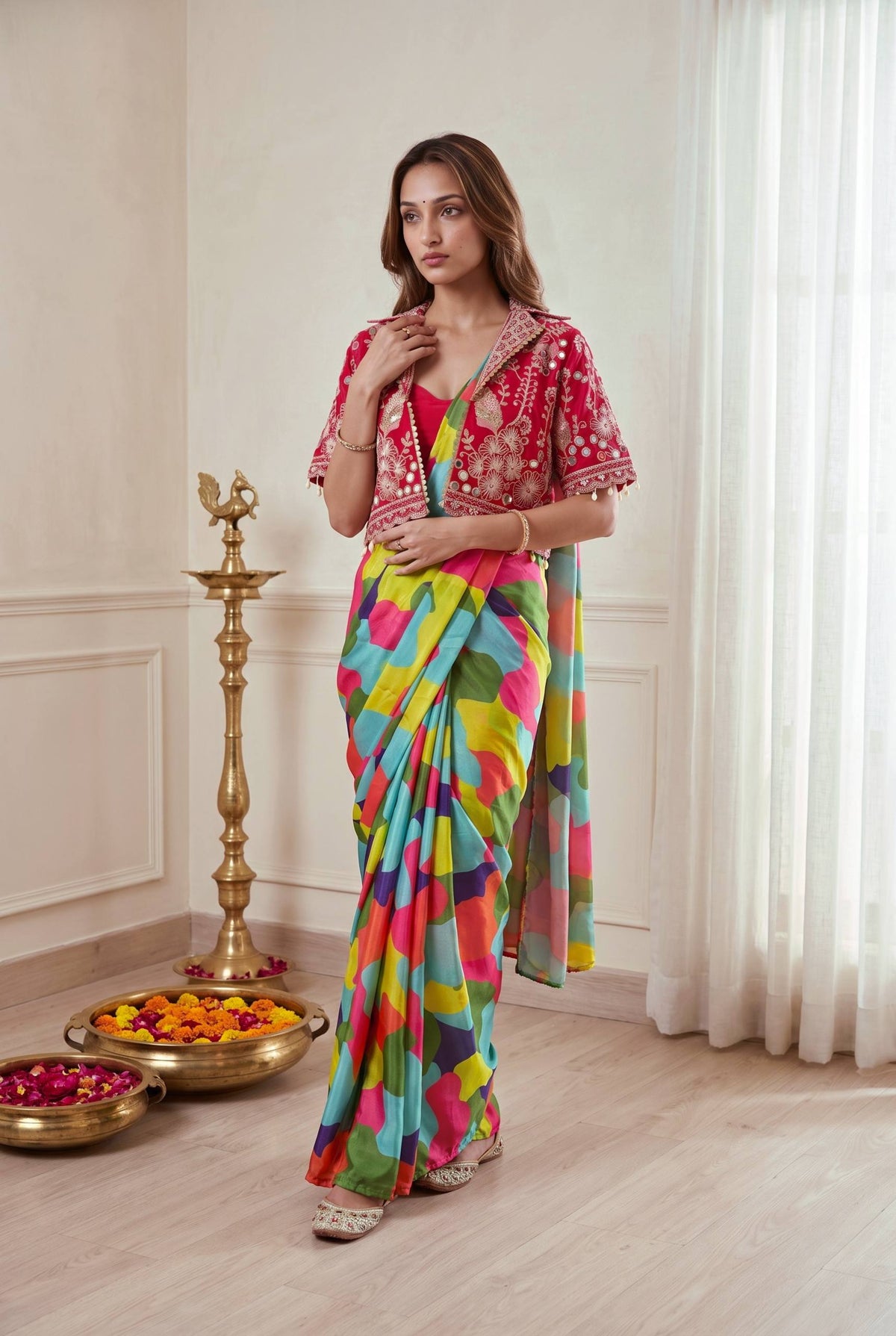 Premium Ready-to-Wear Chinon Silk Digital Print Saree with Embroidered Mirror Work Jacket