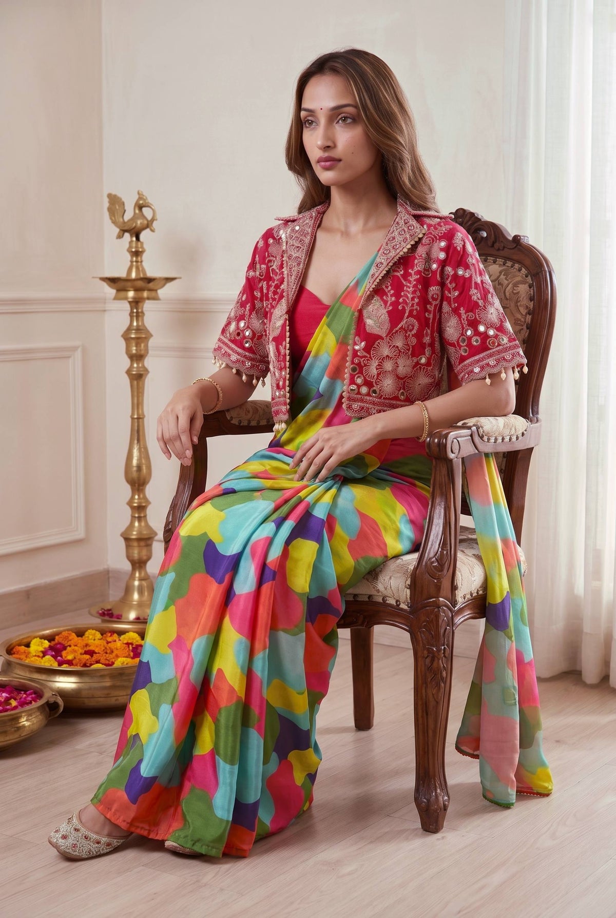 Premium Ready-to-Wear Chinon Silk Digital Print Saree with Embroidered Mirror Work Jacket