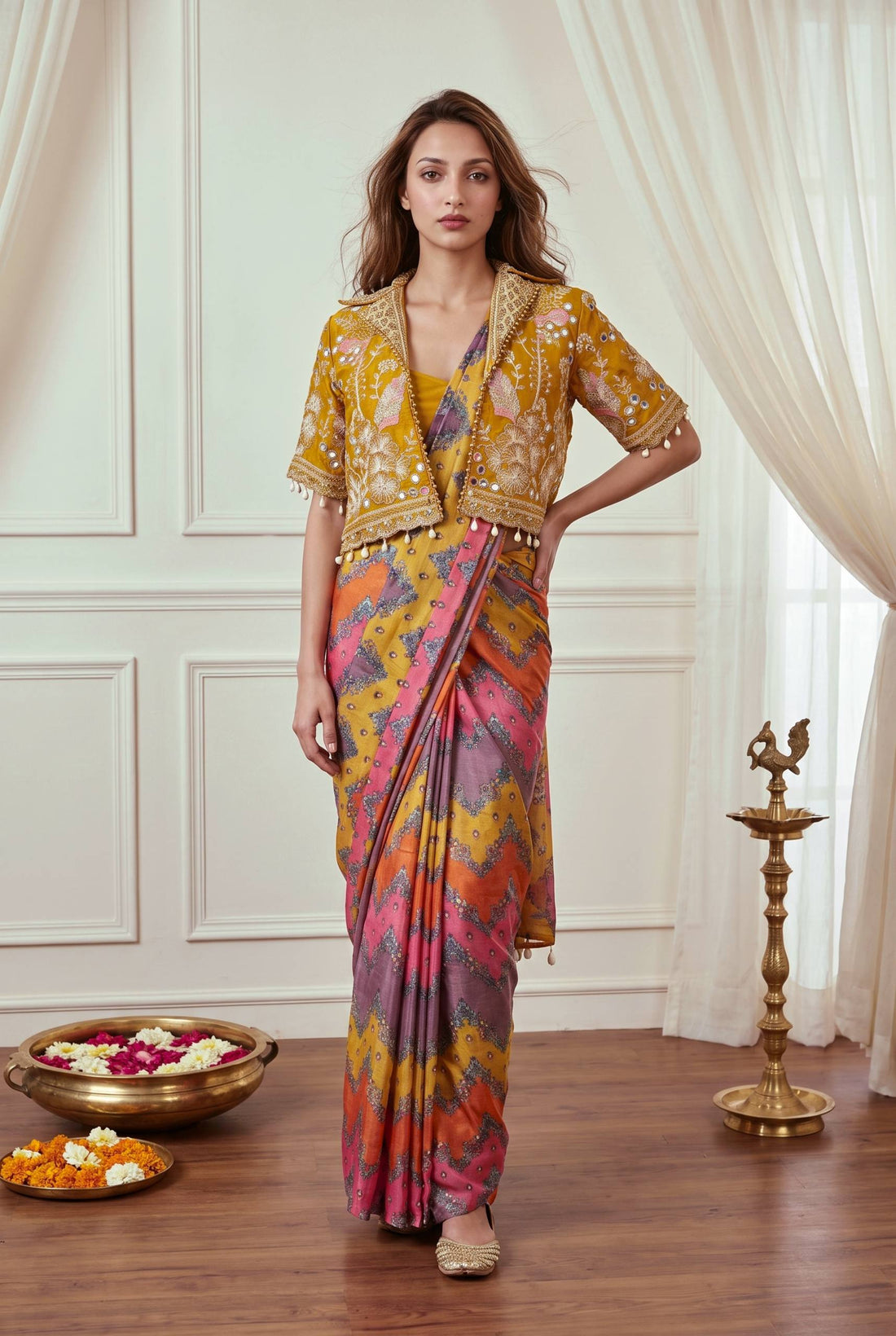 Premium Ready-to-Wear Chinon Silk Digital Print Saree with Embroidered Mirror Work Jacket
