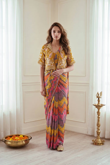 Premium Ready-to-Wear Chinon Silk Digital Print Saree with Embroidered Mirror Work Jacket