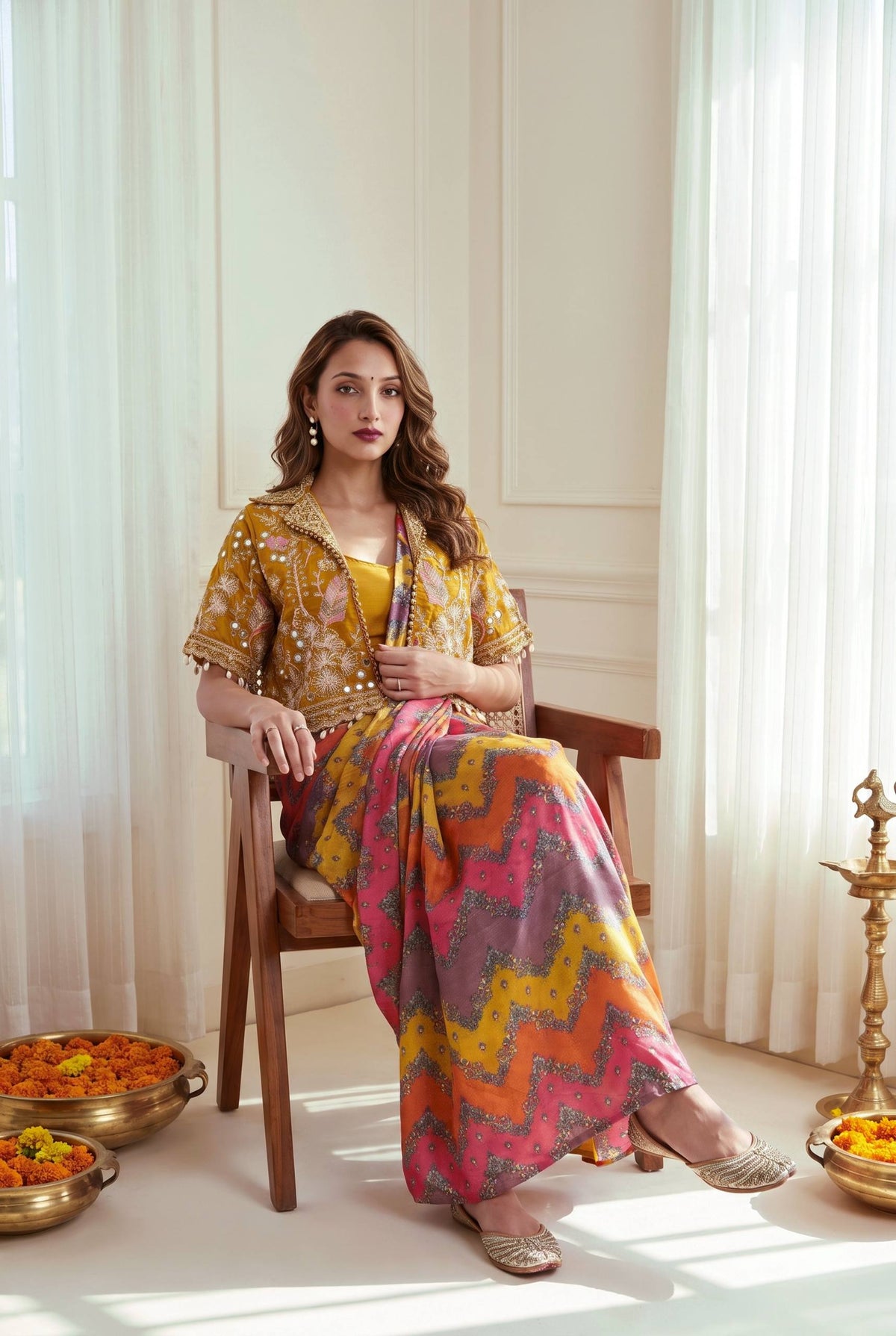 Premium Ready-to-Wear Chinon Silk Digital Print Saree with Embroidered Mirror Work Jacket