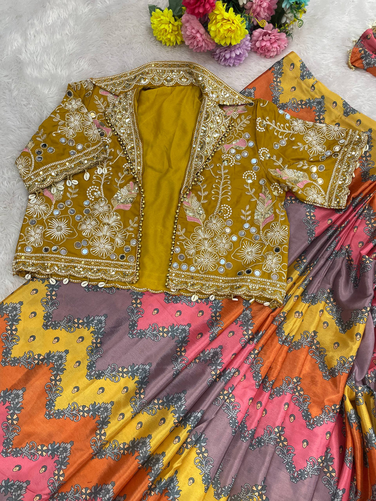 Premium Ready-to-Wear Chinon Silk Digital Print Saree with Embroidered Mirror Work Jacket
