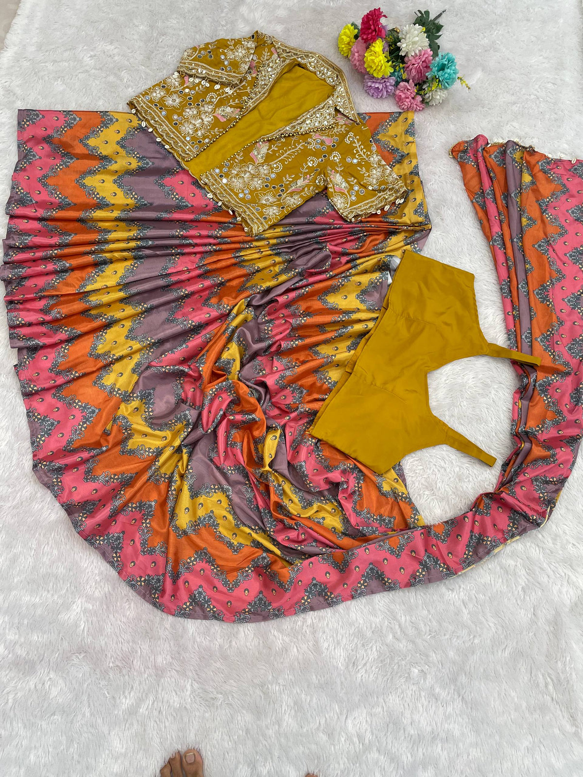 Premium Ready-to-Wear Chinon Silk Digital Print Saree with Embroidered Mirror Work Jacket