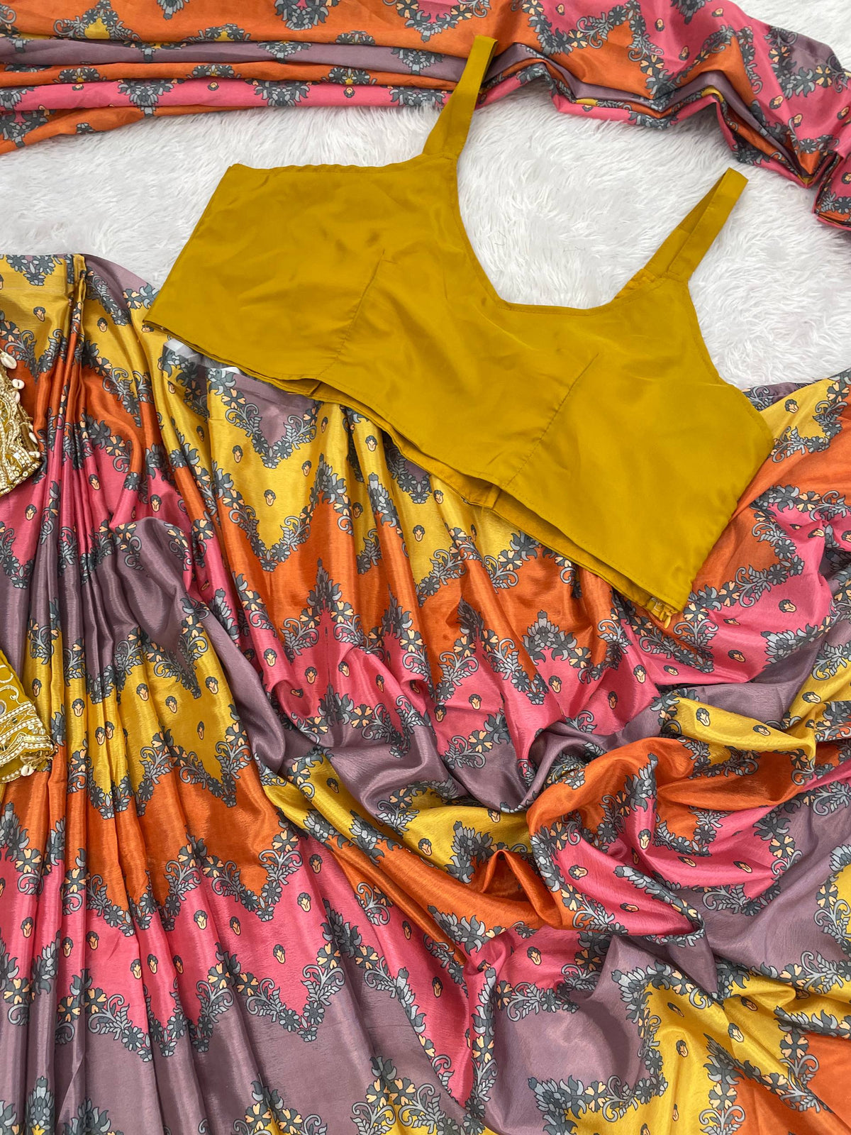 Premium Ready-to-Wear Chinon Silk Digital Print Saree with Embroidered Mirror Work Jacket
