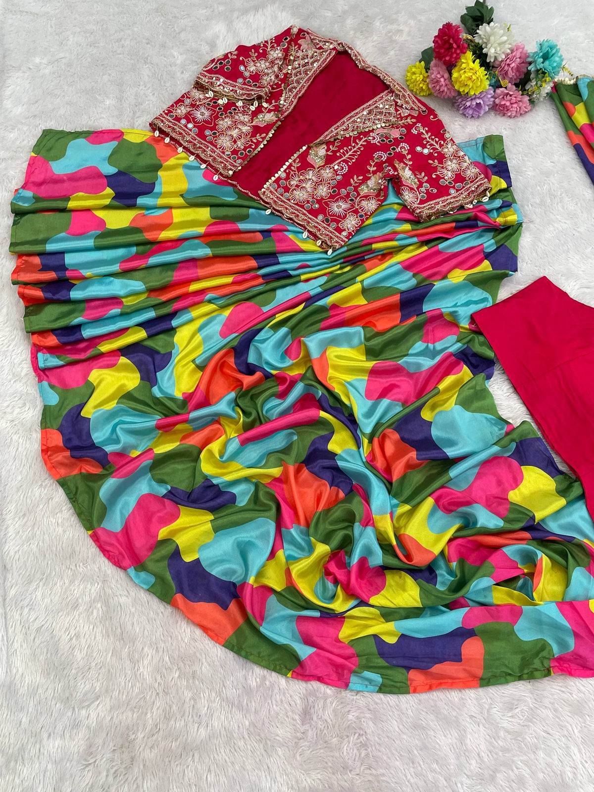 Premium Ready-to-Wear Chinon Silk Digital Print Saree with Embroidered Mirror Work Jacket