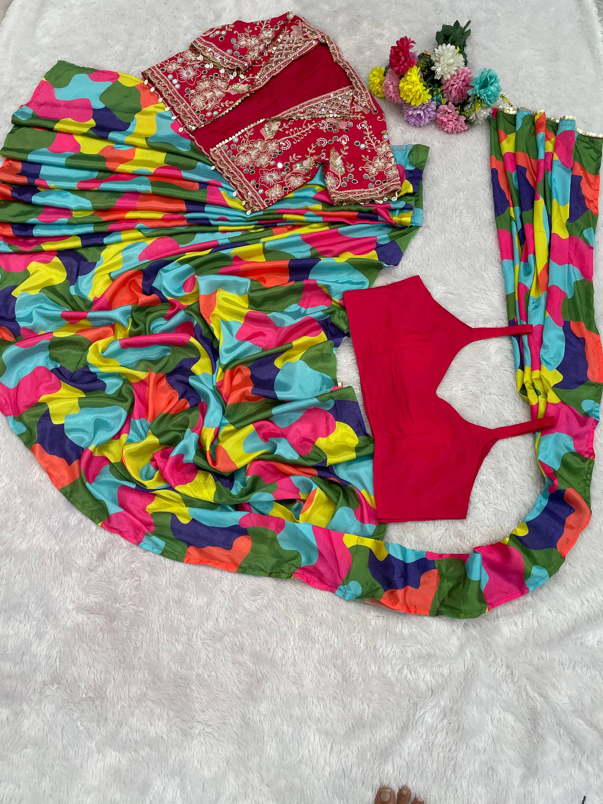 Premium Ready-to-Wear Chinon Silk Digital Print Saree with Embroidered Mirror Work Jacket