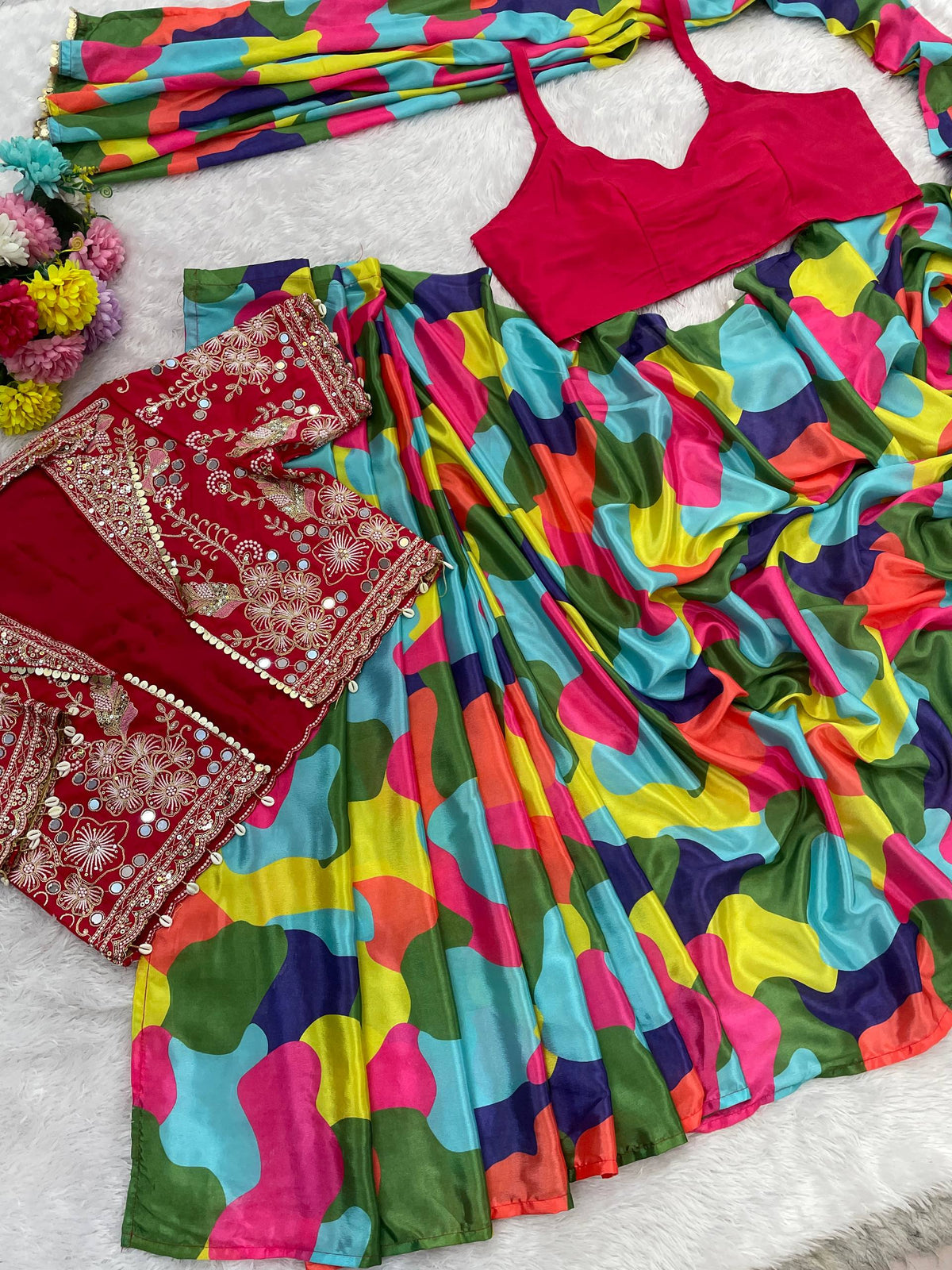 Premium Ready-to-Wear Chinon Silk Digital Print Saree with Embroidered Mirror Work Jacket
