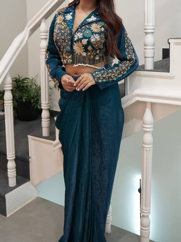 Trending Western Satin Silk Dhoti Set with Semi-Beads Embroidery