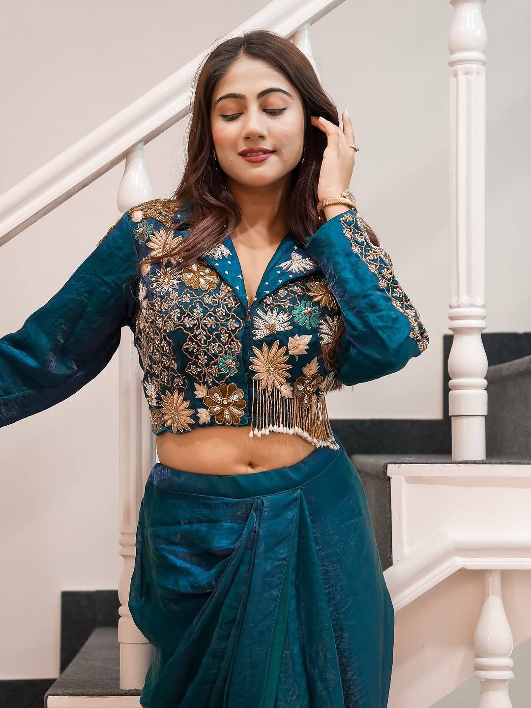 Trending Western Satin Silk Dhoti Set with Semi-Beads Embroidery