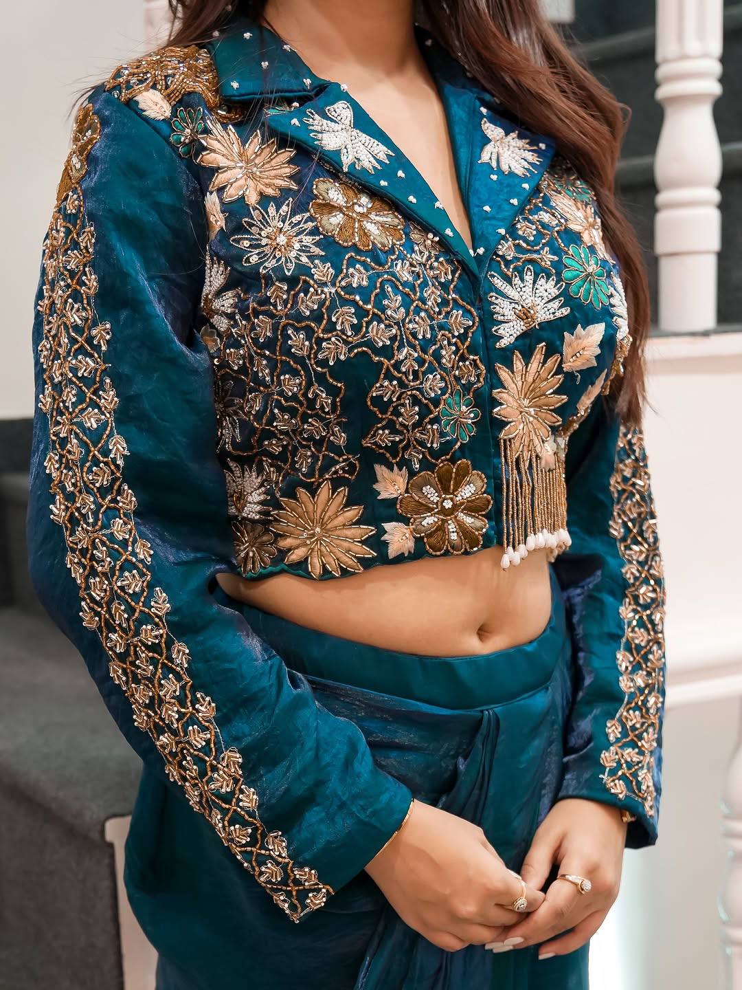 Trending Western Satin Silk Dhoti Set with Semi-Beads Embroidery