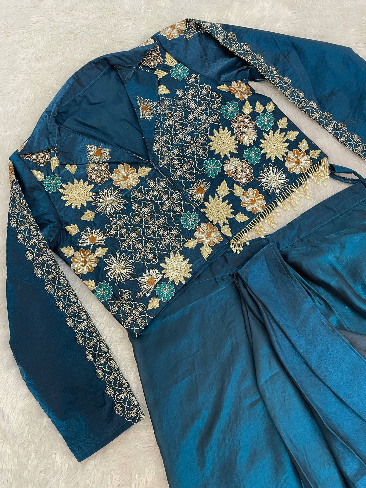 Trending Western Satin Silk Dhoti Set with Semi-Beads Embroidery