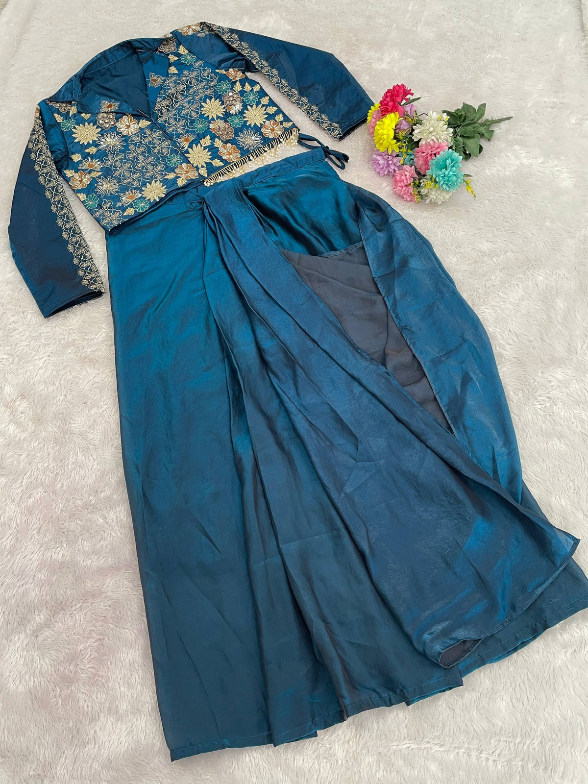 Trending Western Satin Silk Dhoti Set with Semi-Beads Embroidery
