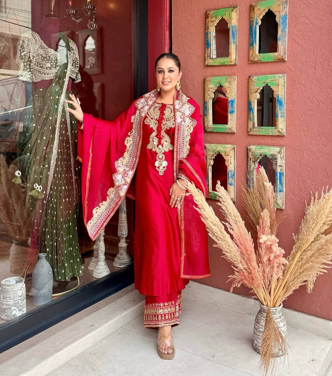 Premium Beads & Sequin Embroidered Designer Top Palazzo Dupatta Set