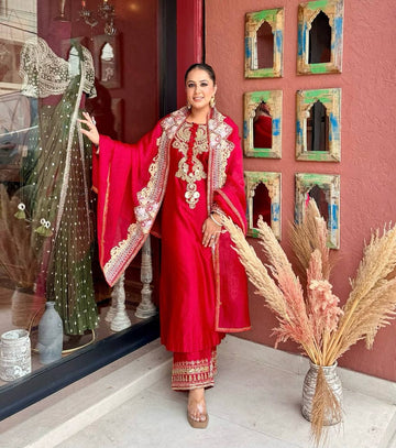 Premium Beads & Sequin Embroidered Designer Top Palazzo Dupatta Set