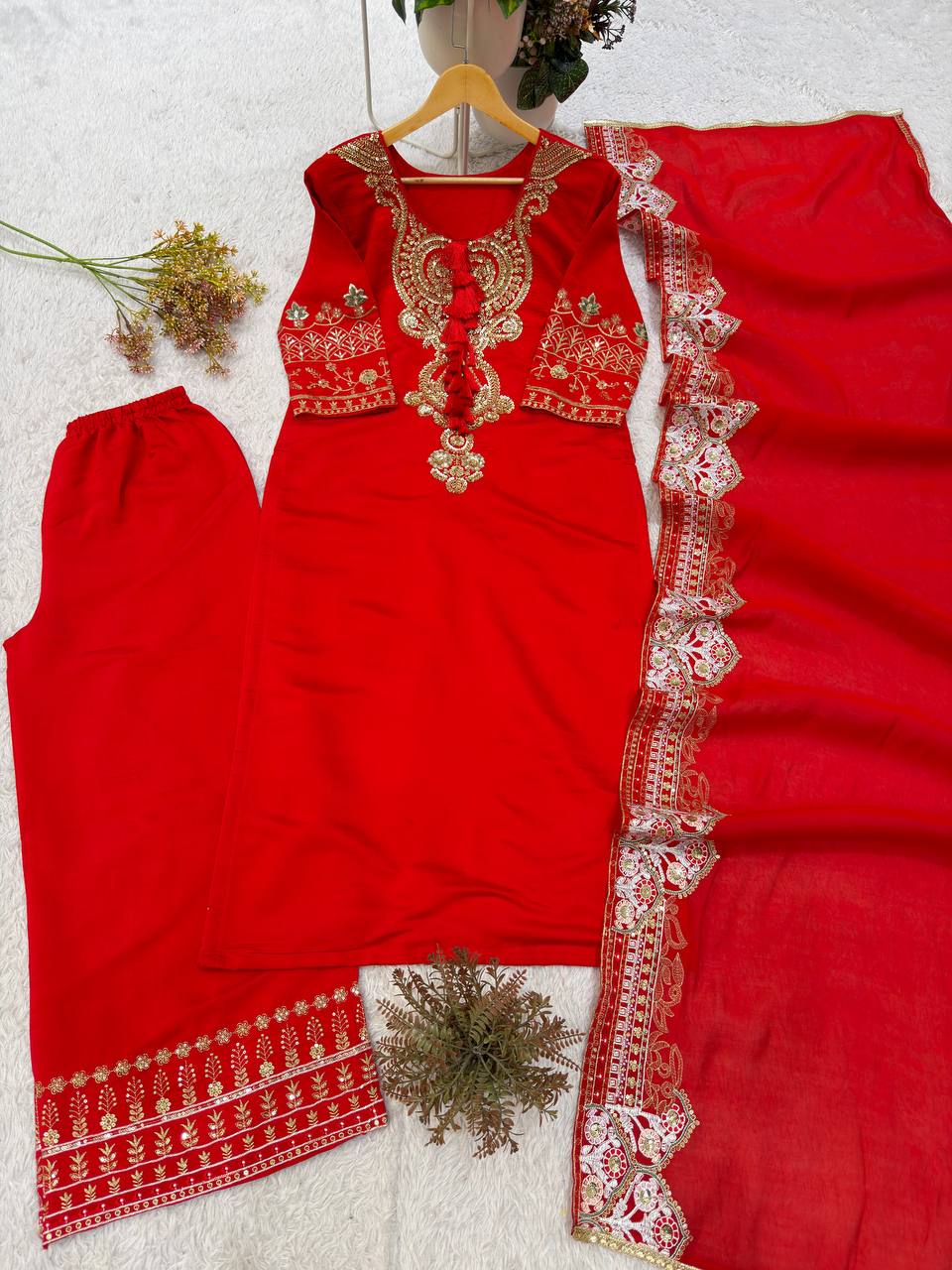 Premium Beads & Sequin Embroidered Designer Top Palazzo Dupatta Set