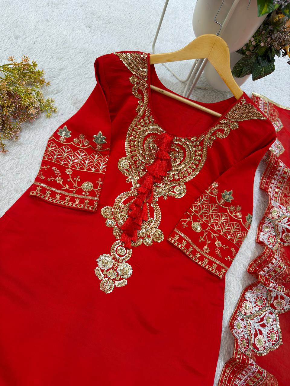 Premium Beads & Sequin Embroidered Designer Top Palazzo Dupatta Set
