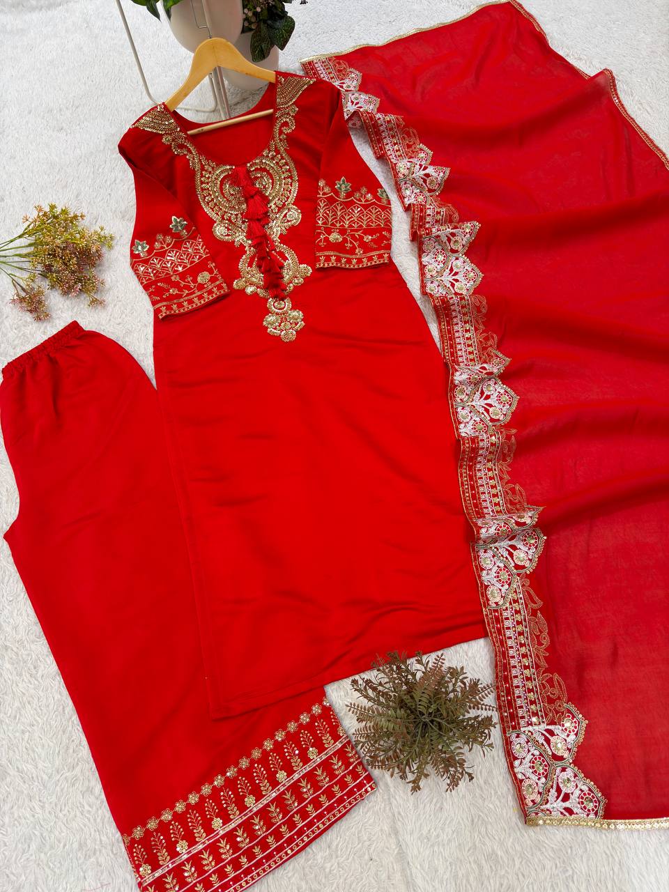 Premium Beads & Sequin Embroidered Designer Top Palazzo Dupatta Set