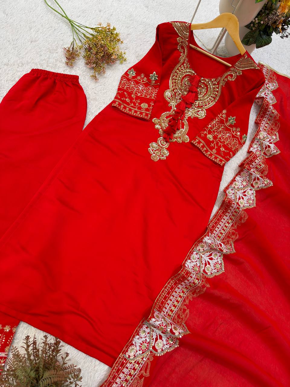 Premium Beads & Sequin Embroidered Designer Top Palazzo Dupatta Set