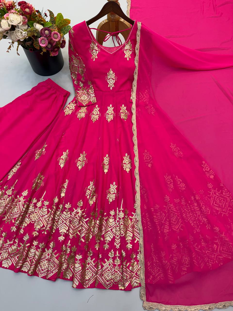Designer Heavy Georgette Embroidered Gown with Pant & Dupatta Set