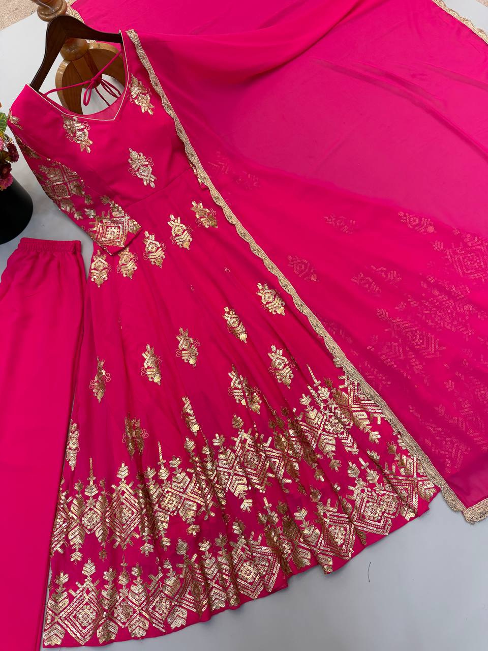 Designer Heavy Georgette Embroidered Gown with Pant & Dupatta Set
