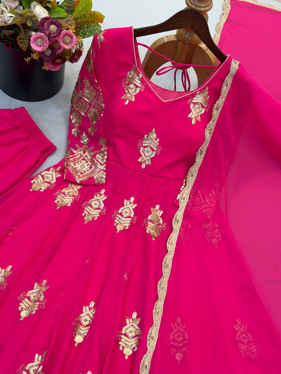 Designer Heavy Georgette Embroidered Gown with Pant & Dupatta Set