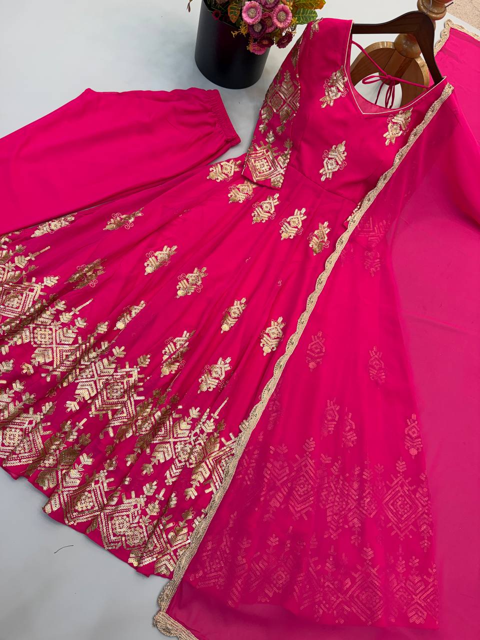Designer Heavy Georgette Embroidered Gown with Pant & Dupatta Set