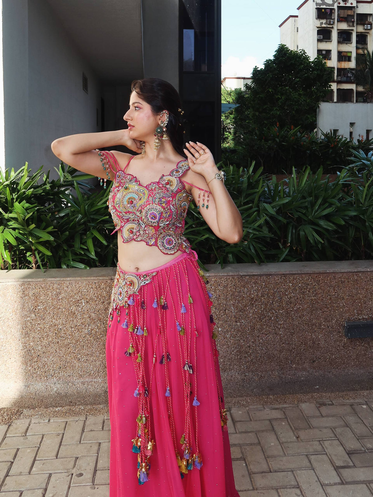 Noorani Pink Vichitra Silk Embroidered Lehenga Set