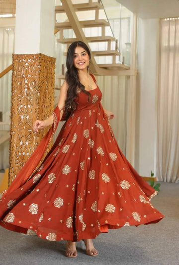 Designer Doremon Crush Embroidered Gown with Pant & Dupatta Set