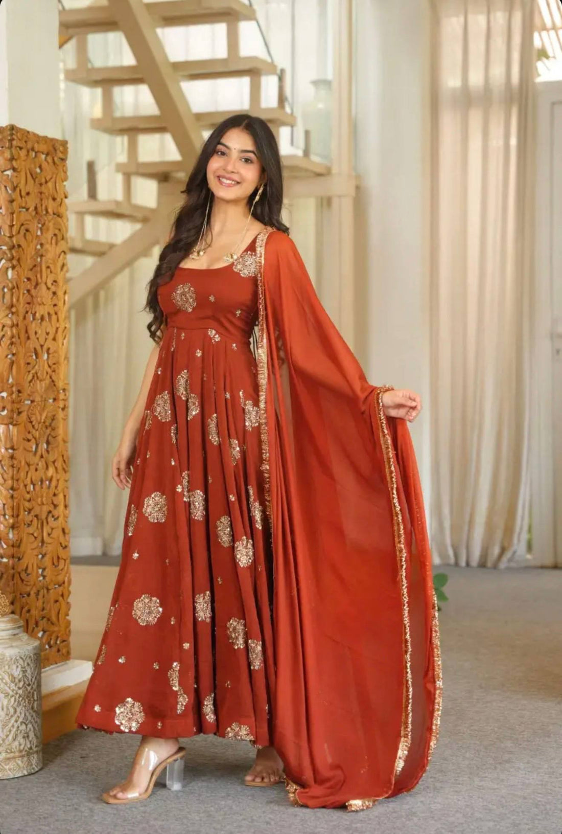 Designer Doremon Crush Embroidered Gown with Pant & Dupatta Set