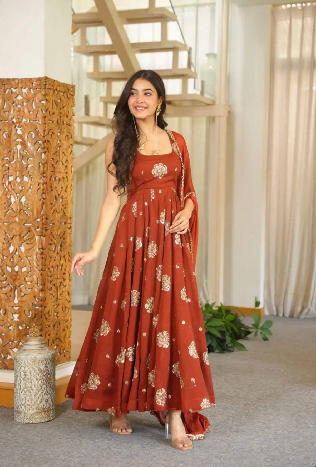 Designer Doremon Crush Embroidered Gown with Pant & Dupatta Set