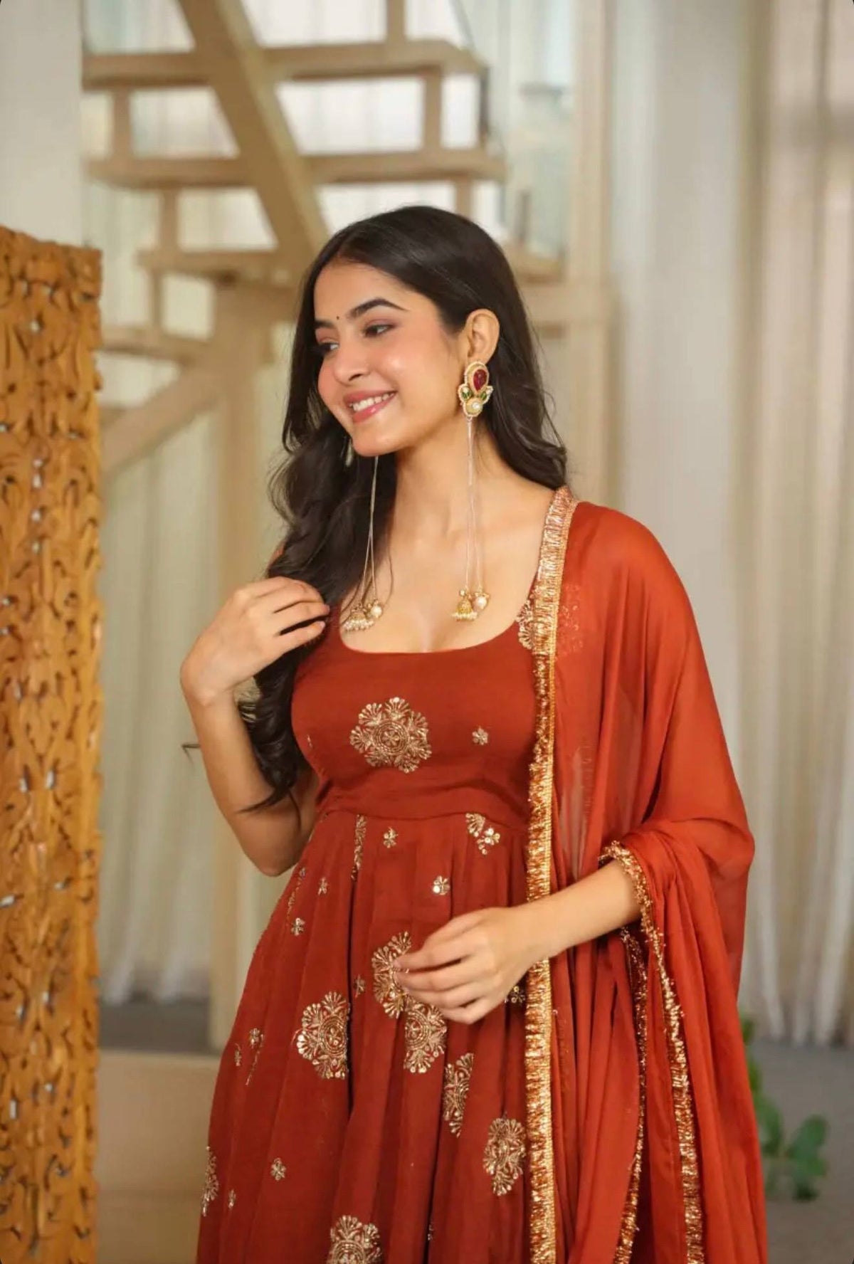 Designer Doremon Crush Embroidered Gown with Pant & Dupatta Set