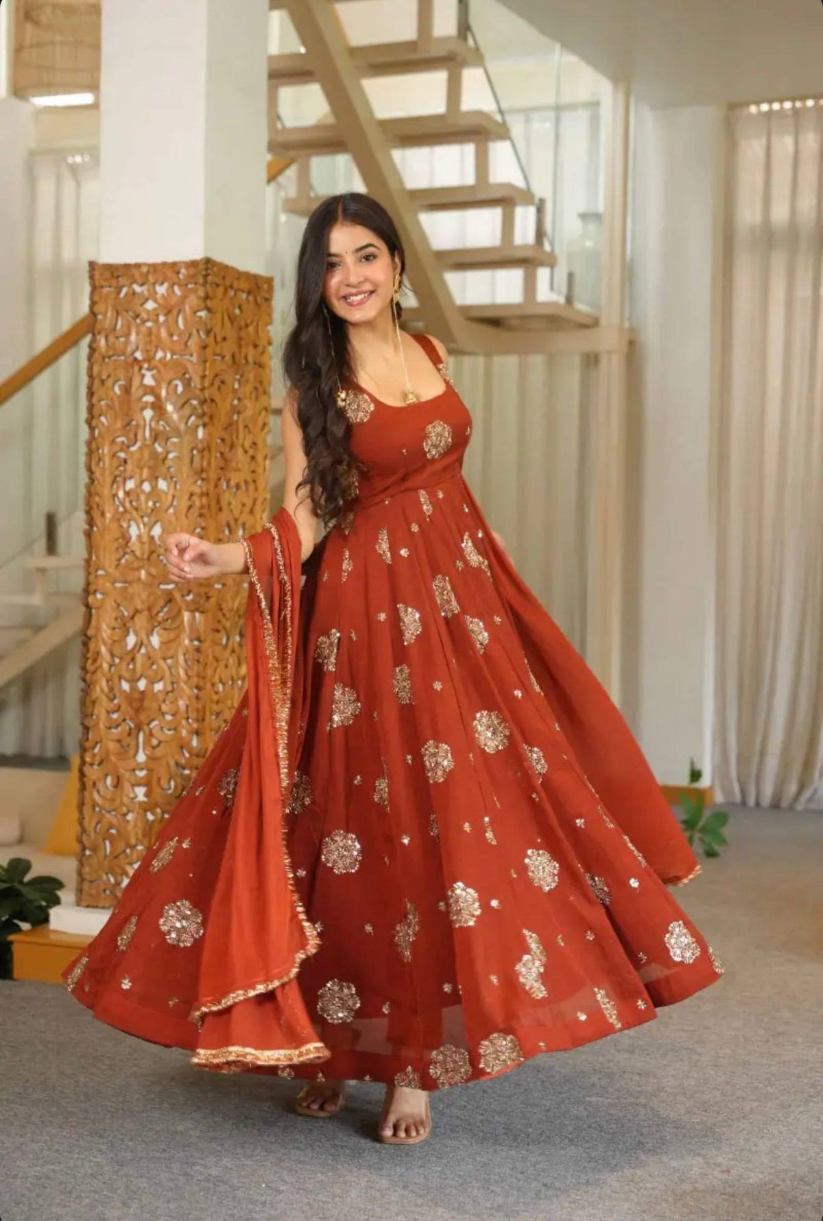 Designer Doremon Crush Embroidered Gown with Pant & Dupatta Set