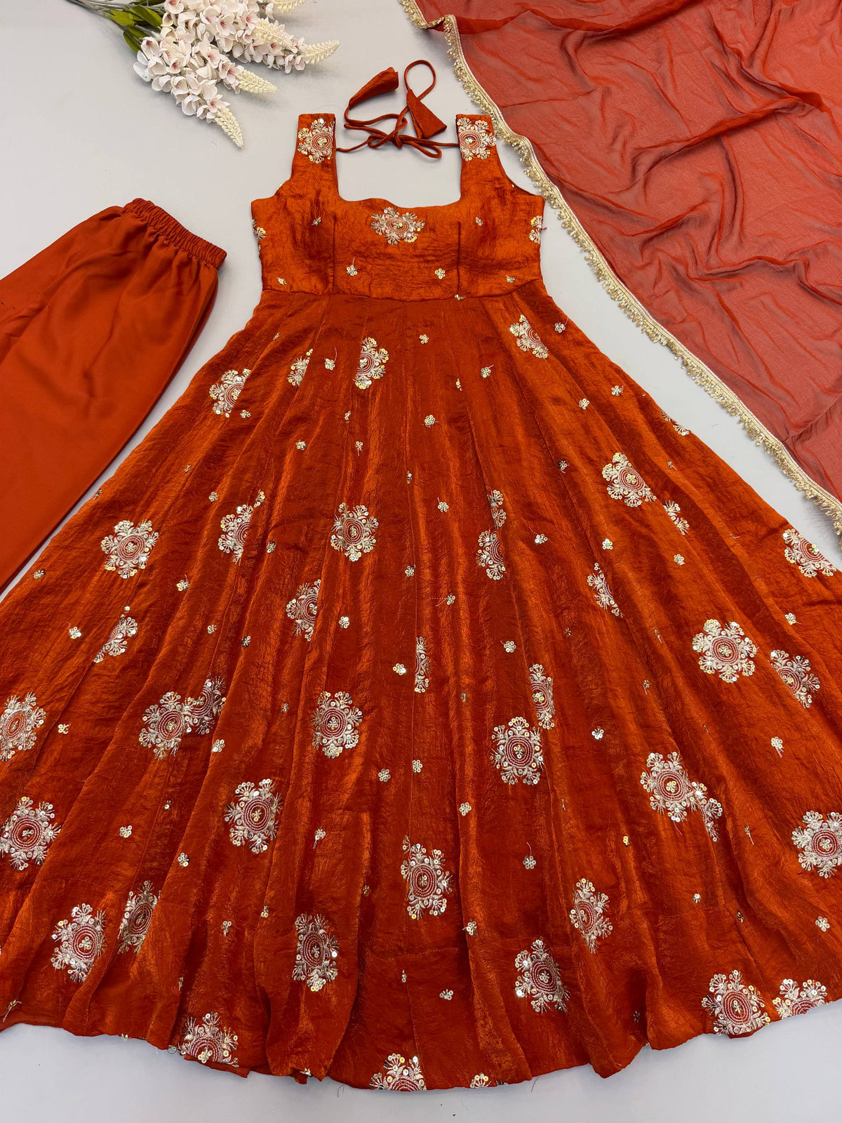Designer Doremon Crush Embroidered Gown with Pant & Dupatta Set